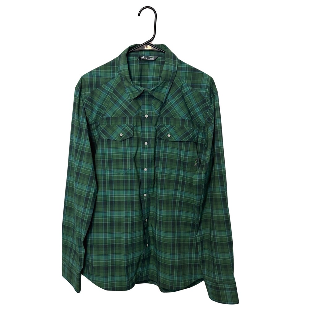 Stio Eddy Shirt Mens Medium Green Plaid Pearl Snap Western Long Sleeve Nylon